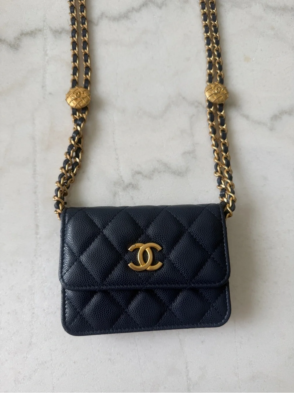 CHANEL Navy Quilted Caviar Mini Crossbody with Gold Hardware